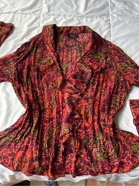 Notations Red and Orange Paisley Ruffle Blouse